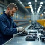 Technicien triant des modules de batteries de véhicules électriques dans un centre de recyclage industriel Derichebourg