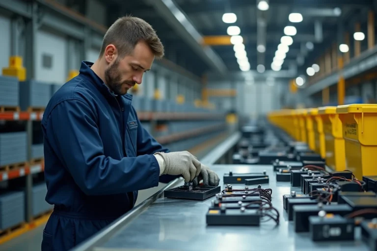 Technicien triant des modules de batteries de véhicules électriques dans un centre de recyclage industriel Derichebourg
