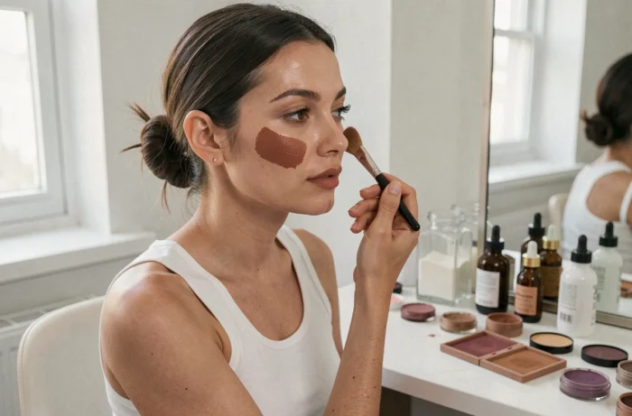 Femme appliquant un blush terracotta dans un studio beauté minimaliste, tendances maquillage de saison