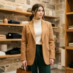 Femme portant un blazer camel oversize et un pantalon vert forêt dans une boutique parisienne tendance automne-hiver