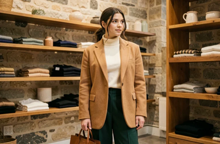 Femme portant un blazer camel oversize et un pantalon vert forêt dans une boutique parisienne tendance automne-hiver