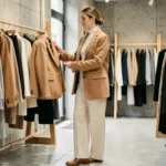 Femme élégante en blazer camel oversize explorant les nouvelles tendances mode dans une boutique parisienne contemporaine