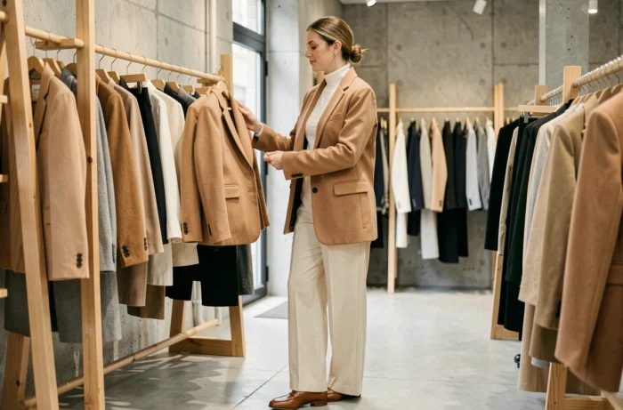 Femme élégante en blazer camel oversize explorant les nouvelles tendances mode dans une boutique parisienne contemporaine