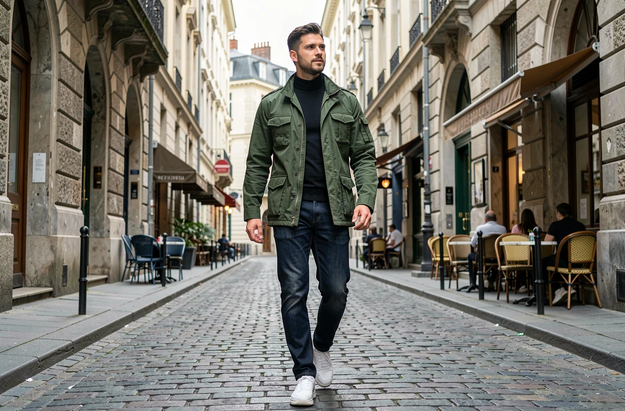 Homme stylé en veste utilitaire verte marchant dans une rue pavée européenne, incarnant les tendances mode masculines de la saison