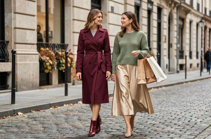 Deux femmes en tenues tendance automne-hiver marchant dans une rue pavée européenne, street style mode saison