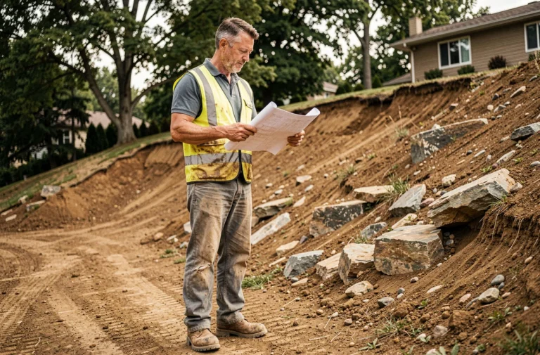 Professionnel du terrassement consultant des plans sur un terrain en pente avec sol excavé en arrière-plan