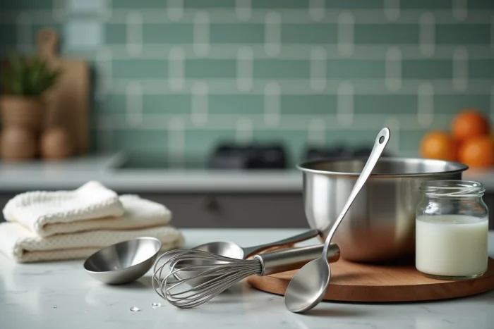 Ustensiles en inox propres et brillants posés sur un plan de travail de cuisine avec vinaigre blanc