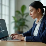 Femme professionnelle vérifiant les paramètres de connexion sécurisée sur un ordinateur portable dans un bureau moderne