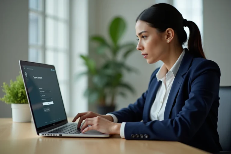 Femme professionnelle vérifiant les paramètres de connexion sécurisée sur un ordinateur portable dans un bureau moderne
