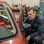 Mécanicien examinant le voyant STOP allumé sur le tableau de bord d'une Renault Clio 3 dans un garage