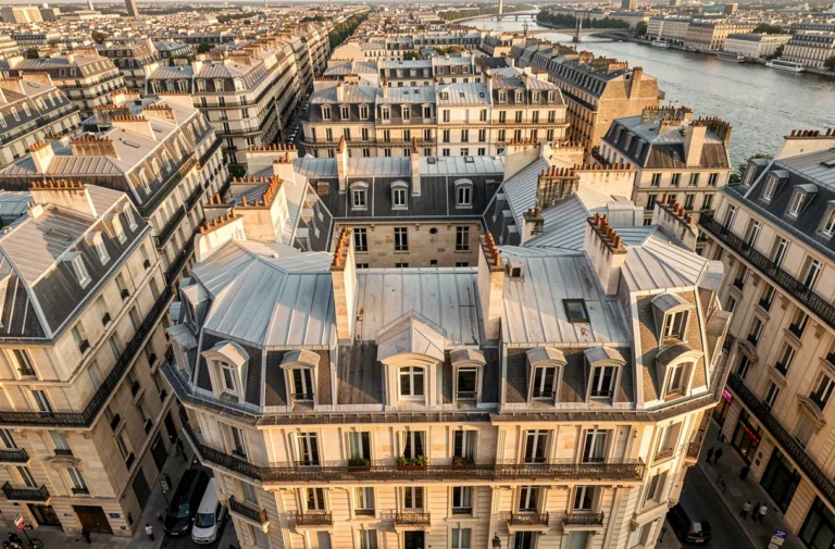 Vue aérienne par drone d'un immeuble haussmannien parisien avec toits en zinc et cour intérieure géométrique