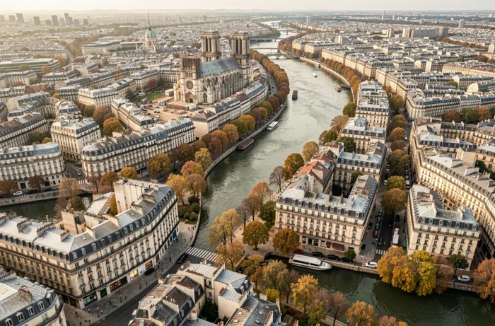 Vue aérienne grand angle de la Seine et de l'Île de la Cité à Paris montrant le tissu urbain résidentiel dense et Notre-Dame