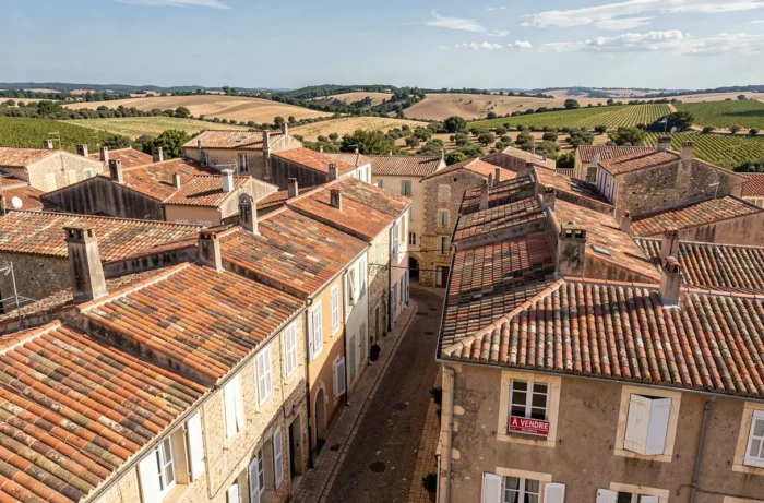 Vue panoramique des toits en tuiles et du centre historique de Pézenas avec panneau immobilier à vendre sur une façade ancienne