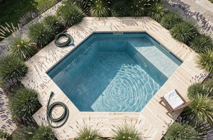 Vue plongeante d'une piscine enterrée de 10m2 avec margelles en travertin et plantes bordurières